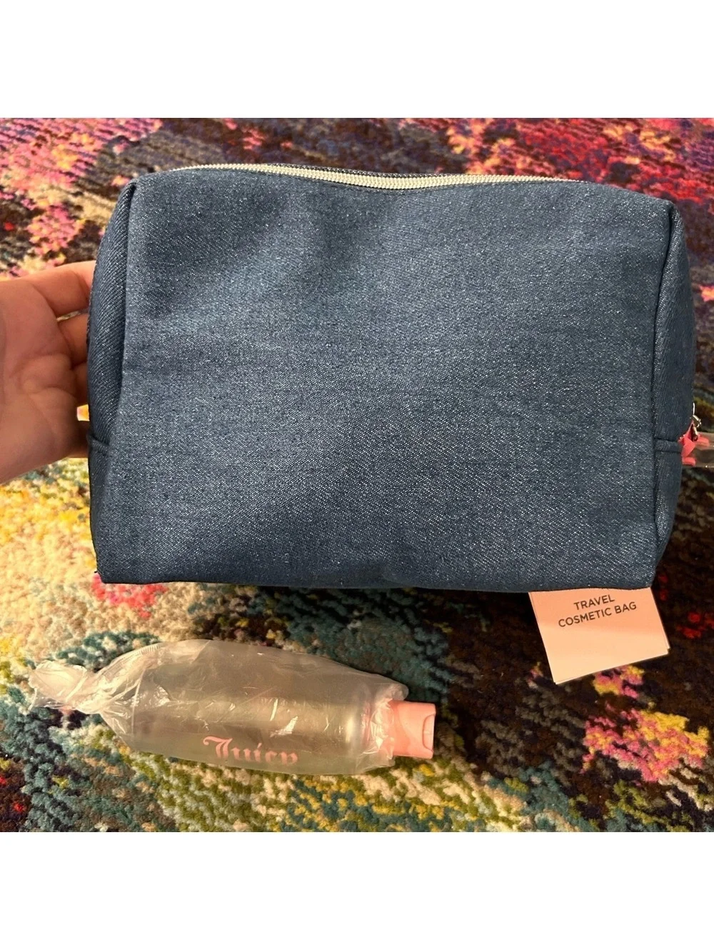 Juicy Couture Denim Pink Embroidered Cosmetic Bag & Toiletry Bottle NEW
